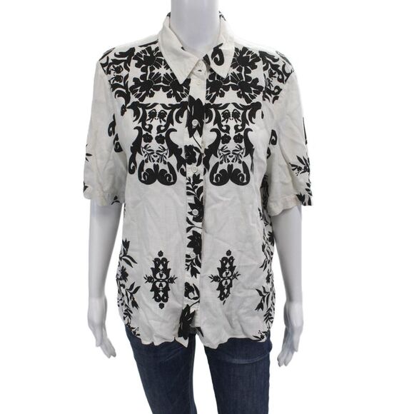 Zara Tops - Zara Womens Black Floral Collared Button-Up Short Sleeve Top Size L